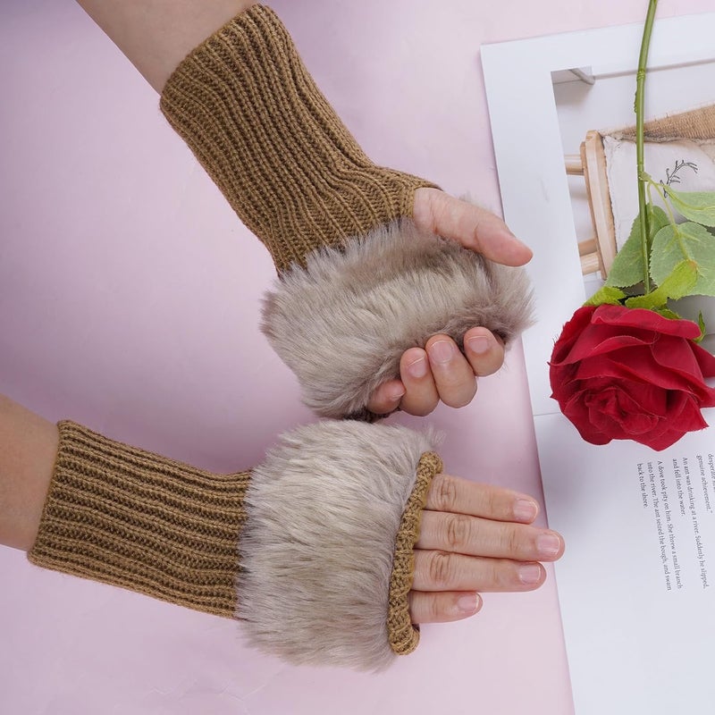 cnomg Winter Faux Fur Fingerless Gloves Faux Fur Half Finger Warmers Fingerless Gloves for Women Girls Working Writing - Image 4